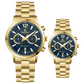 Branded couple wrist watches in pakistan. A pair of gold-toned watches with white analog dials, one large and one small, set against a black background.