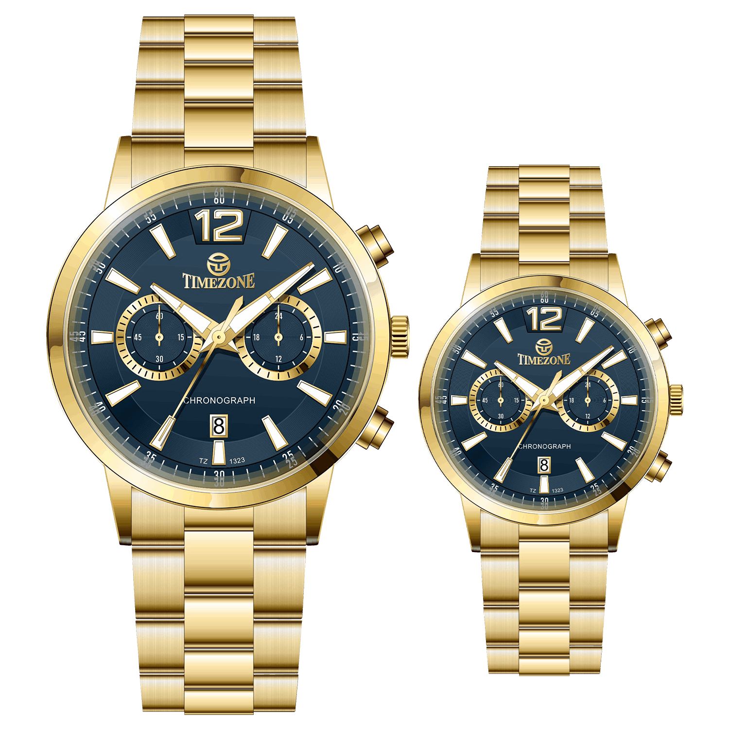 Branded couple wrist watches in pakistan. A pair of gold-toned watches with white analog dials, one large and one small, set against a black background.