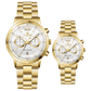 Branded couple wrist watches in pakistan. A pair of gold-toned watches with white analog dials, one large and one small, set against a black background.