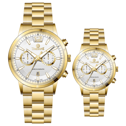 Branded couple wrist watches in pakistan. A pair of gold-toned watches with white analog dials, one large and one small, set against a black background.