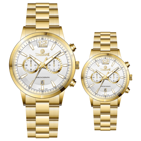Branded couple wrist watches in pakistan. A pair of gold-toned watches with white analog dials, one large and one small, set against a black background.