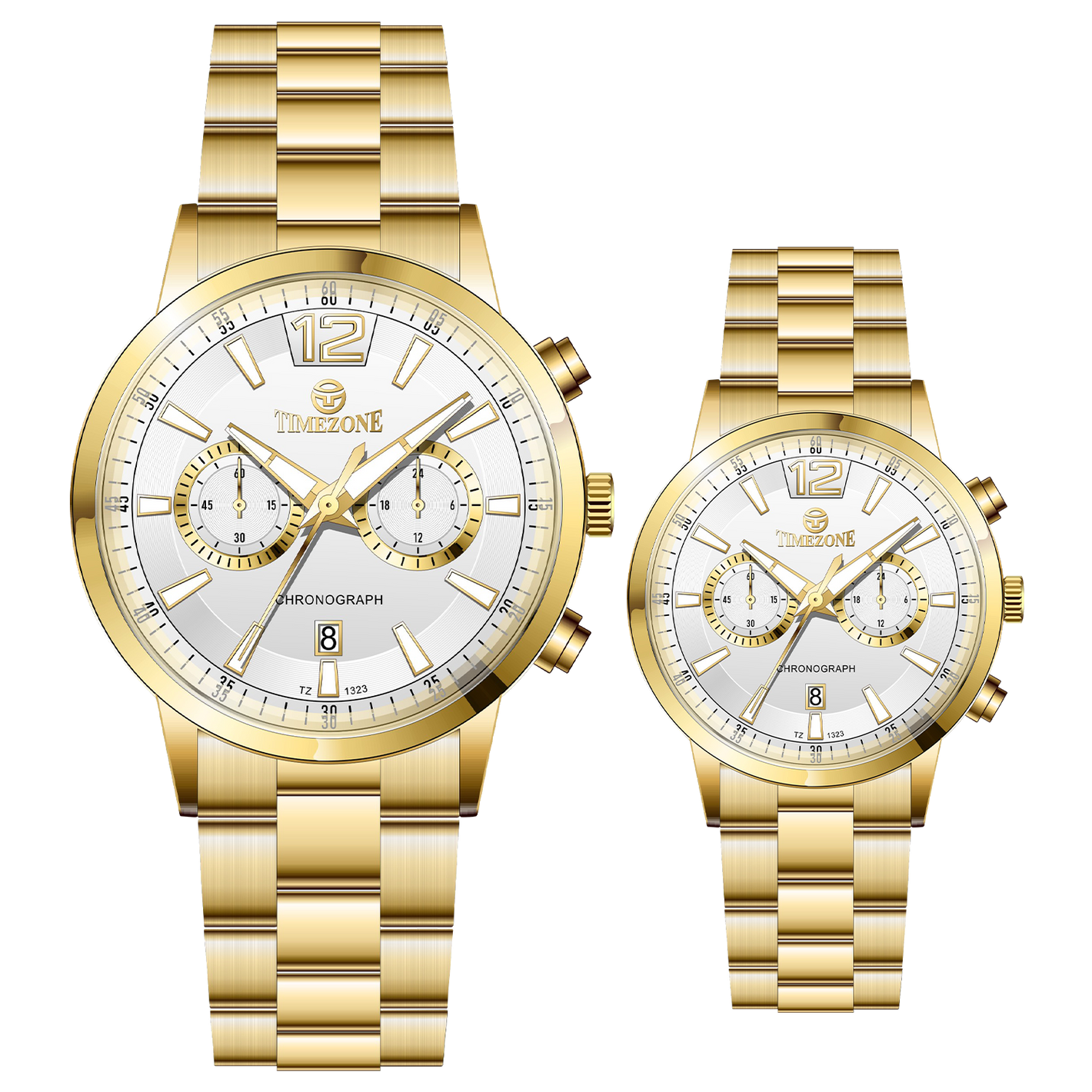 Branded couple wrist watches in pakistan. A pair of gold-toned watches with white analog dials, one large and one small, set against a black background.