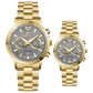 Branded couple wrist watches in pakistan. A pair of gold-toned watches with white analog dials, one large and one small, set against a black background.
