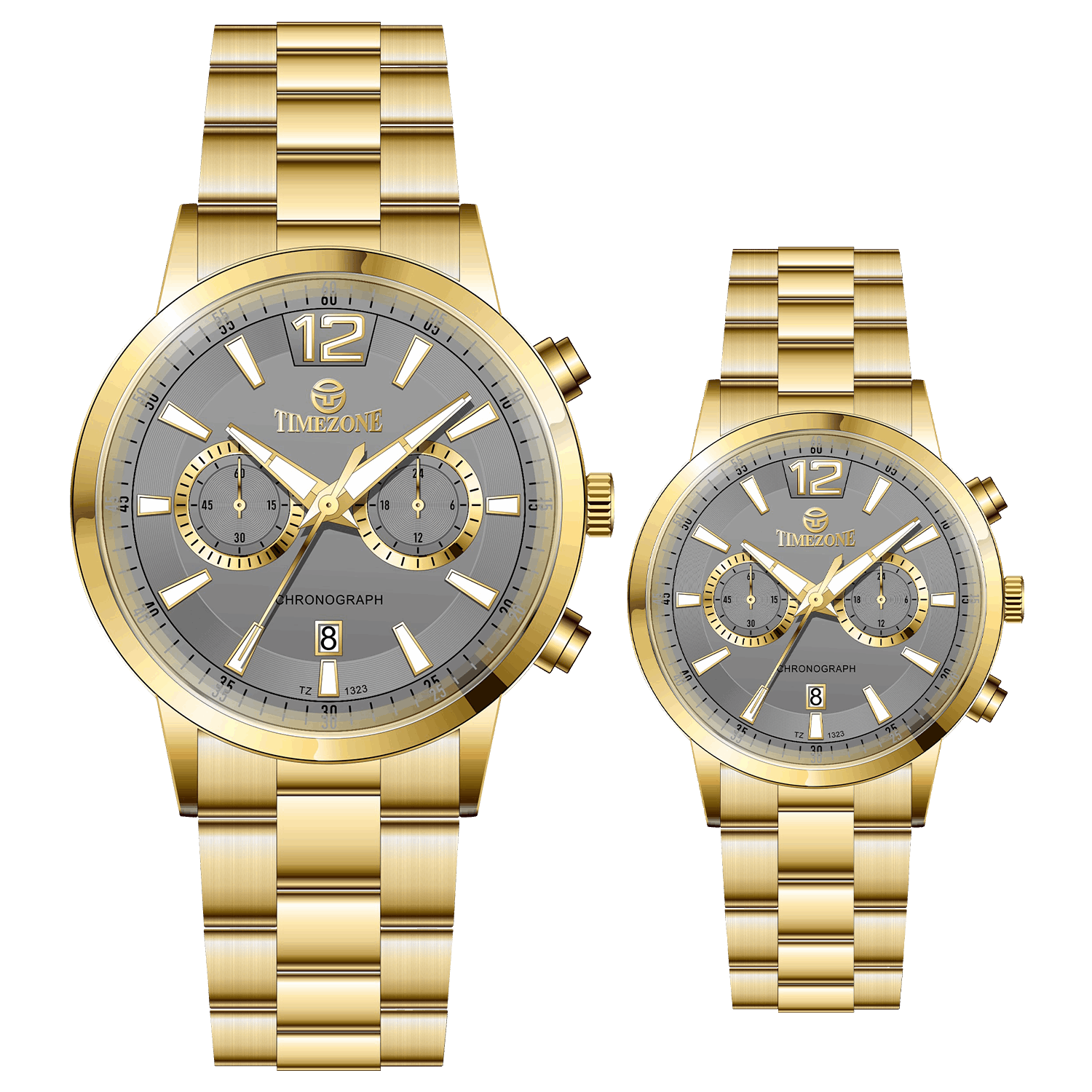 Branded couple wrist watches in pakistan. A pair of gold-toned watches with white analog dials, one large and one small, set against a black background.