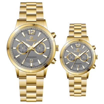 Branded couple wrist watches in pakistan. A pair of gold-toned watches with white analog dials, one large and one small, set against a black background.