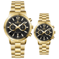 Branded couple wrist watches in pakistan. A pair of gold-toned watches with white analog dials, one large and one small, set against a black background.