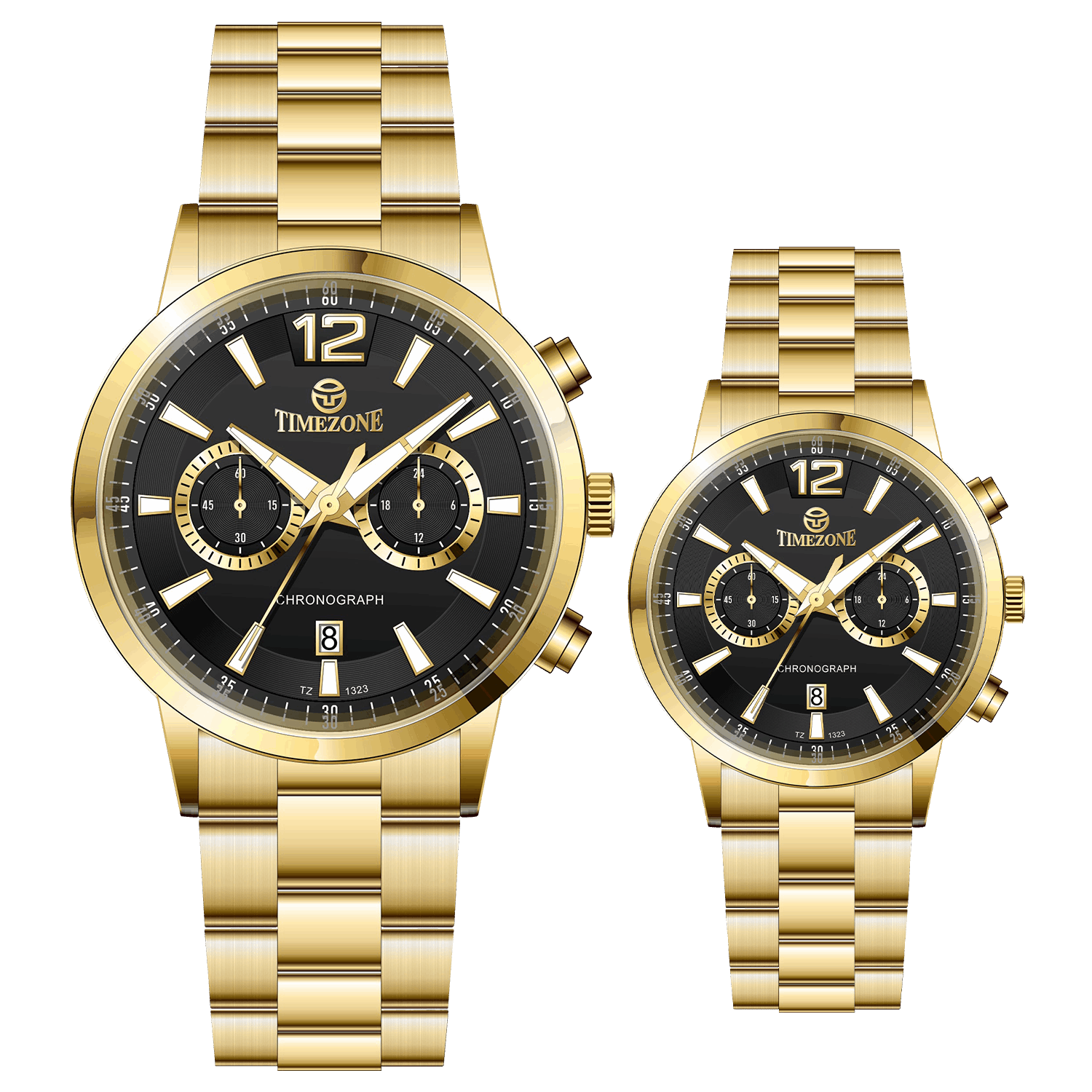 Branded couple wrist watches in pakistan. A pair of gold-toned watches with white analog dials, one large and one small, set against a black background.