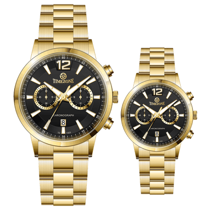 Branded couple wrist watches in pakistan. A pair of gold-toned watches with white analog dials, one large and one small, set against a black background.