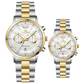 Branded wrist watch for men in pakistan. A pair of stainless steel watches with gold accents, one larger with chronograph and quartz movement, and a smaller one possibly for children or women with a similar design.