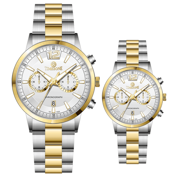 Branded wrist watch for men in pakistan. A pair of stainless steel watches with gold accents, one larger with chronograph and quartz movement, and a smaller one possibly for children or women with a similar design.