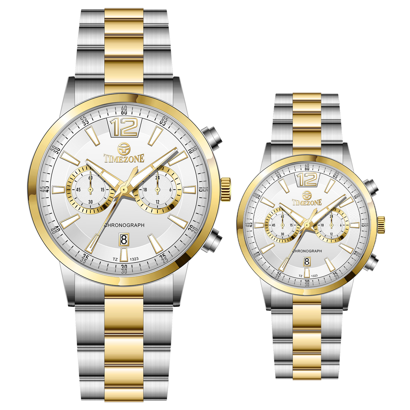 Branded wrist watch for men in pakistan. A pair of stainless steel watches with gold accents, one larger with chronograph and quartz movement, and a smaller one possibly for children or women with a similar design.