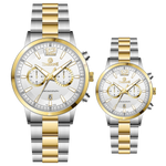 Branded wrist watch for men in pakistan. A pair of stainless steel watches with gold accents, one larger with chronograph and quartz movement, and a smaller one possibly for children or women with a similar design.