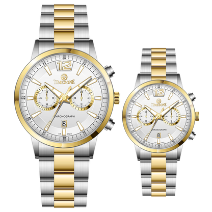 Branded wrist watch for men in pakistan. A pair of stainless steel watches with gold accents, one larger with chronograph and quartz movement, and a smaller one possibly for children or women with a similar design.
