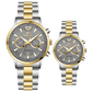 Branded wrist watch for men in pakistan. A pair of stainless steel watches with gold accents, one larger with chronograph and quartz movement, and a smaller one possibly for children or women with a similar design.