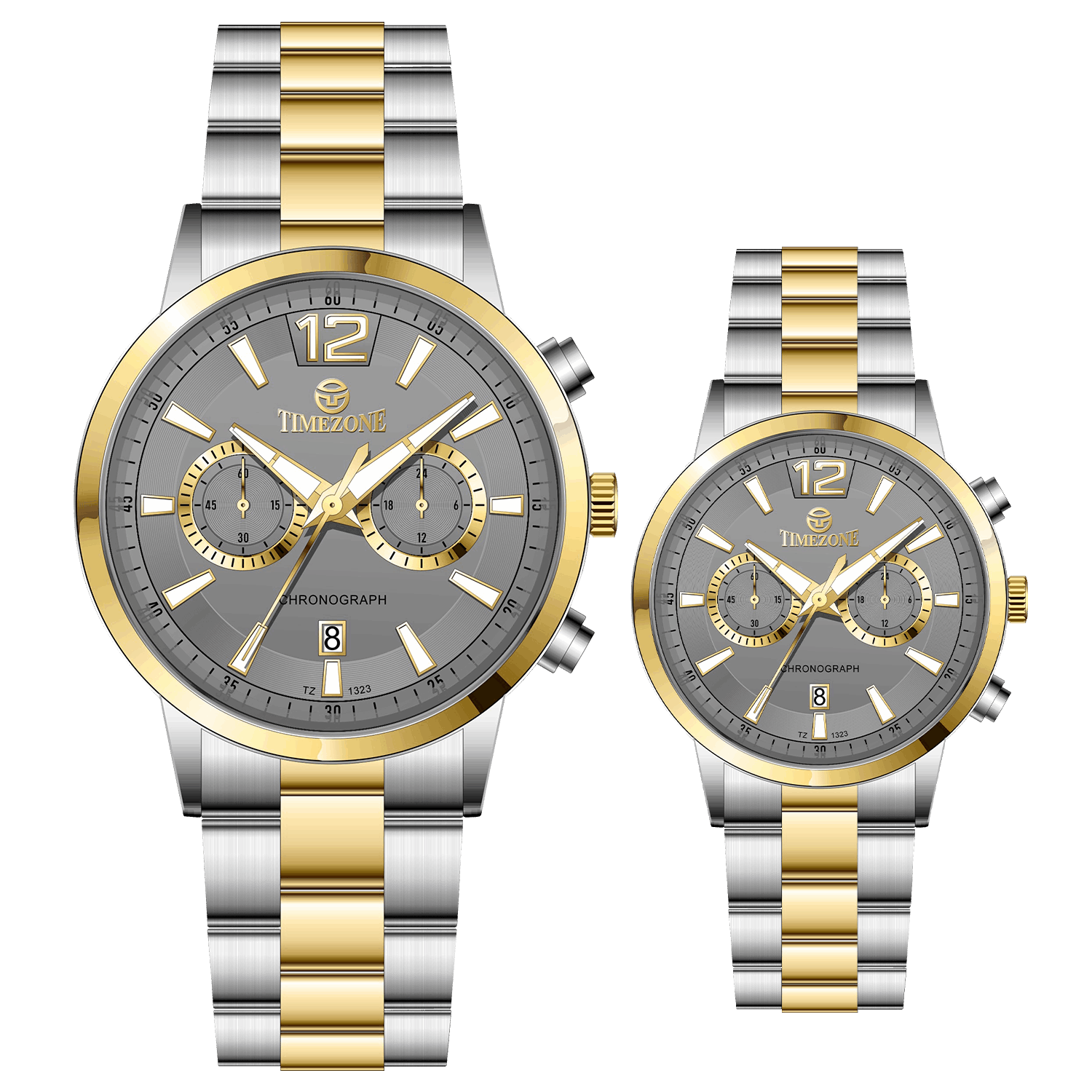 Branded wrist watch for men in pakistan. A pair of stainless steel watches with gold accents, one larger with chronograph and quartz movement, and a smaller one possibly for children or women with a similar design.