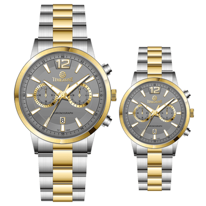 Branded wrist watch for men in pakistan. A pair of stainless steel watches with gold accents, one larger with chronograph and quartz movement, and a smaller one possibly for children or women with a similar design.