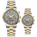 Branded wrist watch for men in pakistan. A pair of stainless steel watches with gold accents, one larger with chronograph and quartz movement, and a smaller one possibly for children or women with a similar design.