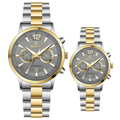 Branded wrist watch for men in pakistan. A pair of stainless steel watches with gold accents, one larger with chronograph and quartz movement, and a smaller one possibly for children or women with a similar design.