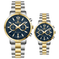 Branded wrist watch for men in pakistan. A pair of stainless steel watches with gold accents, one larger with chronograph and quartz movement, and a smaller one possibly for children or women with a similar design.