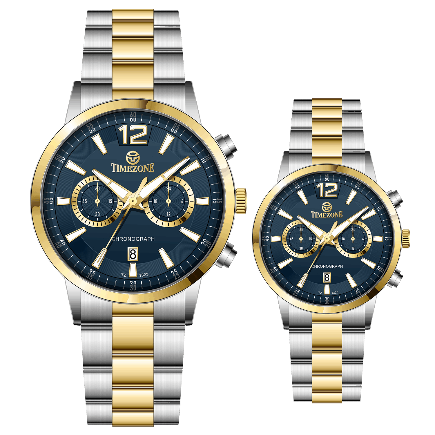 Branded wrist watch for men in pakistan. A pair of stainless steel watches with gold accents, one larger with chronograph and quartz movement, and a smaller one possibly for children or women with a similar design.