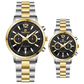 Branded wrist watch for men in pakistan. A pair of stainless steel watches with gold accents, one larger with chronograph and quartz movement, and a smaller one possibly for children or women with a similar design.