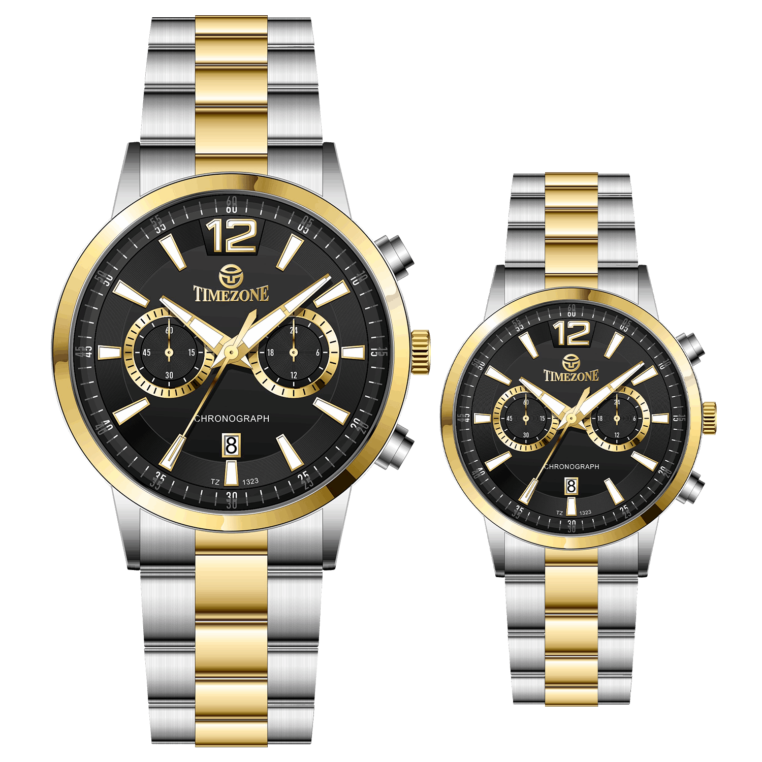 Branded wrist watch for men in pakistan. A pair of stainless steel watches with gold accents, one larger with chronograph and quartz movement, and a smaller one possibly for children or women with a similar design.