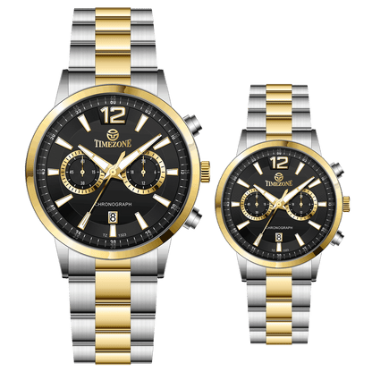 Branded wrist watch for men in pakistan. A pair of stainless steel watches with gold accents, one larger with chronograph and quartz movement, and a smaller one possibly for children or women with a similar design.