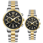 Branded wrist watch for men in pakistan. A pair of stainless steel watches with gold accents, one larger with chronograph and quartz movement, and a smaller one possibly for children or women with a similar design.