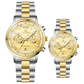 Branded wrist watch for men in pakistan. A pair of stainless steel watches with gold accents, one larger with chronograph and quartz movement, and a smaller one possibly for children or women with a similar design.