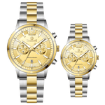 Branded wrist watch for men in pakistan. A pair of stainless steel watches with gold accents, one larger with chronograph and quartz movement, and a smaller one possibly for children or women with a similar design.