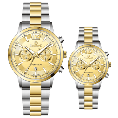 Branded wrist watch for men in pakistan. A pair of stainless steel watches with gold accents, one larger with chronograph and quartz movement, and a smaller one possibly for children or women with a similar design.