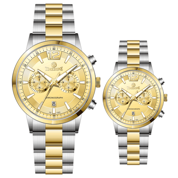 Branded wrist watch for men in pakistan. A pair of stainless steel watches with gold accents, one larger with chronograph and quartz movement, and a smaller one possibly for children or women with a similar design.