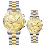 Branded wrist watch for men in pakistan. A pair of stainless steel watches with gold accents, one larger with chronograph and quartz movement, and a smaller one possibly for children or women with a similar design.
