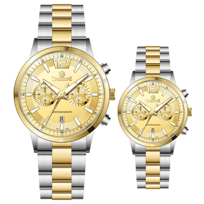 Branded wrist watch for men in pakistan. A pair of stainless steel watches with gold accents, one larger with chronograph and quartz movement, and a smaller one possibly for children or women with a similar design.
