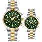 Branded wrist watch for men in pakistan. A pair of stainless steel watches with gold accents, one larger with chronograph and quartz movement, and a smaller one possibly for children or women with a similar design.
