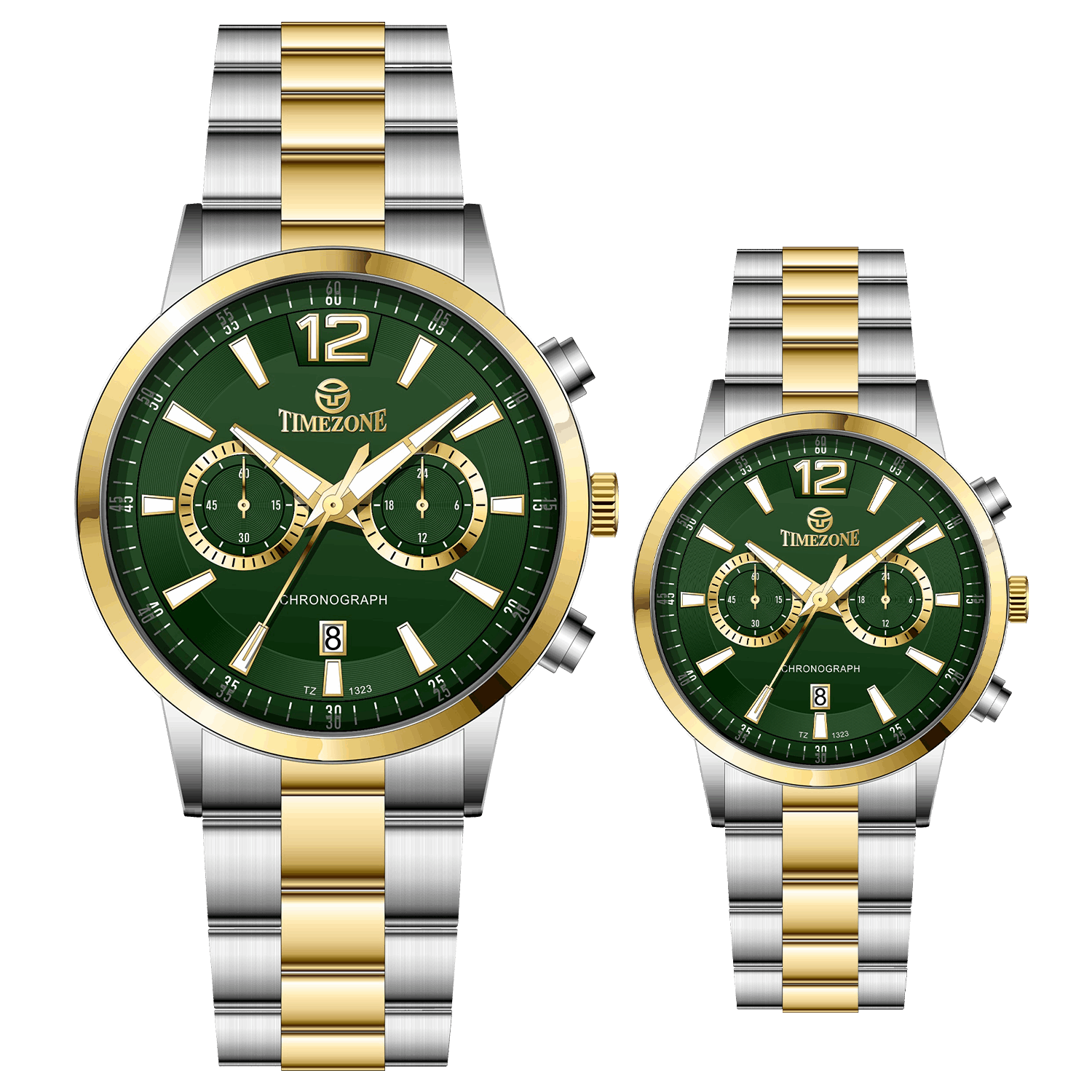 Branded wrist watch for men in pakistan. A pair of stainless steel watches with gold accents, one larger with chronograph and quartz movement, and a smaller one possibly for children or women with a similar design.