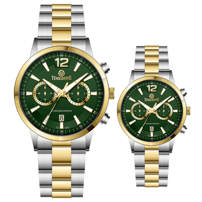 Branded wrist watch for men in pakistan. A pair of stainless steel watches with gold accents, one larger with chronograph and quartz movement, and a smaller one possibly for children or women with a similar design.