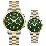 Branded wrist watch for men in pakistan. A pair of stainless steel watches with gold accents, one larger with chronograph and quartz movement, and a smaller one possibly for children or women with a similar design.