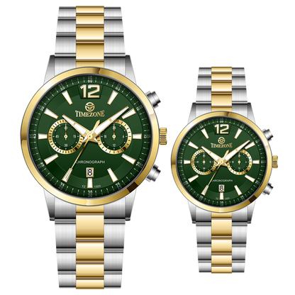 Branded wrist watch for men in pakistan. A pair of stainless steel watches with gold accents, one larger with chronograph and quartz movement, and a smaller one possibly for children or women with a similar design.