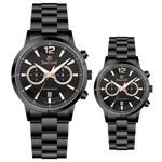 Branded wrist watch for men in pakistan. A pair of black Timzone watches with stainless steel bands and analog displays, one larger and one smaller in size.