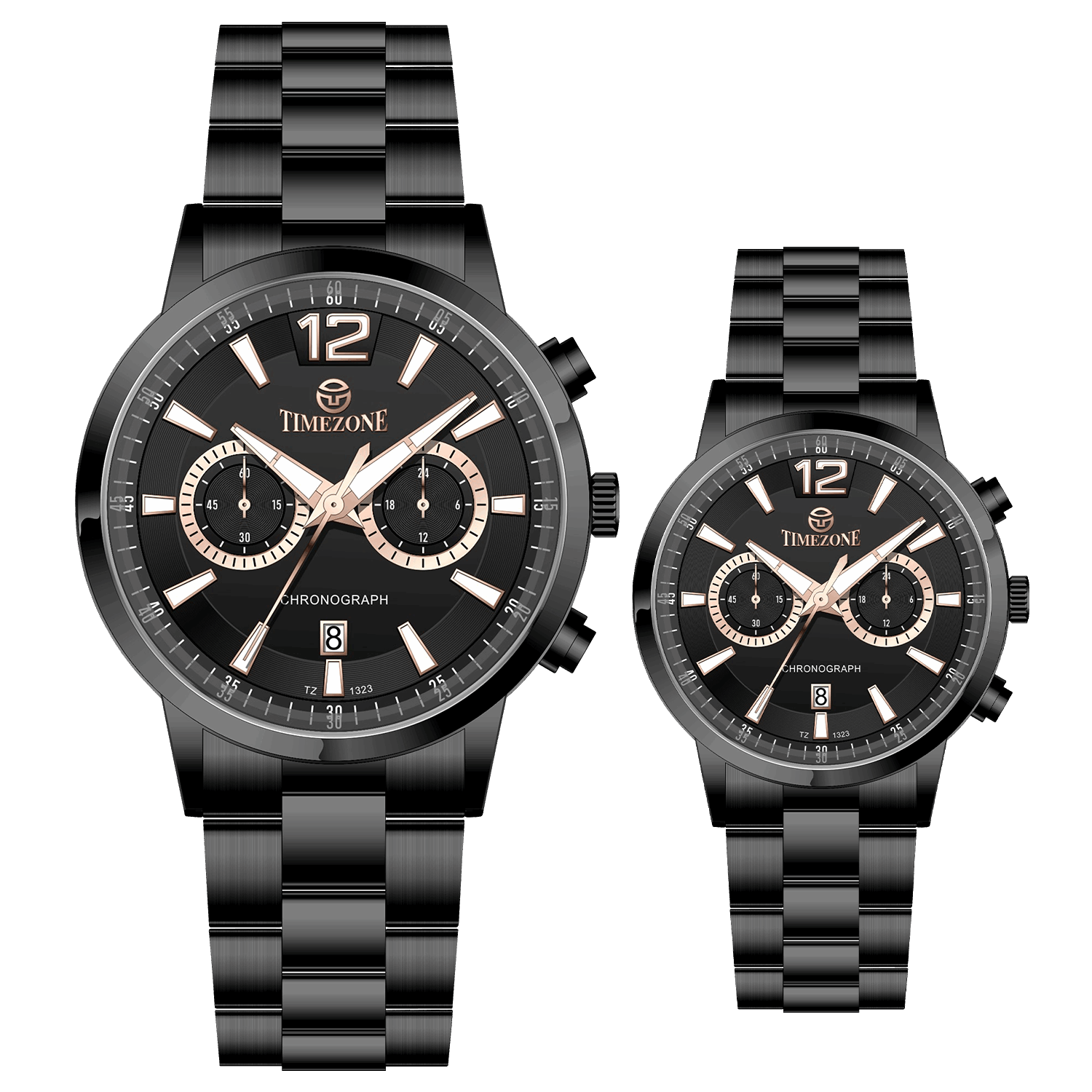 Branded wrist watch for men in pakistan. A pair of black Timzone watches with stainless steel bands and analog displays, one larger and one smaller in size.