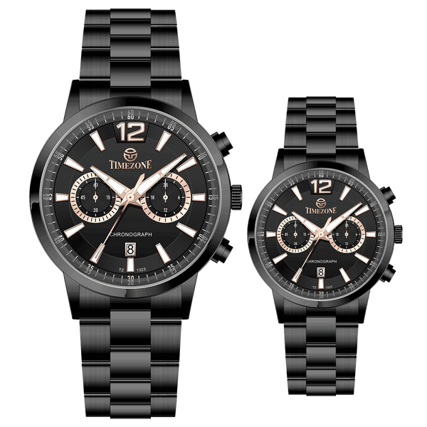 Branded wrist watch for men in pakistan. A pair of black Timzone watches with stainless steel bands and analog displays, one larger and one smaller in size.
