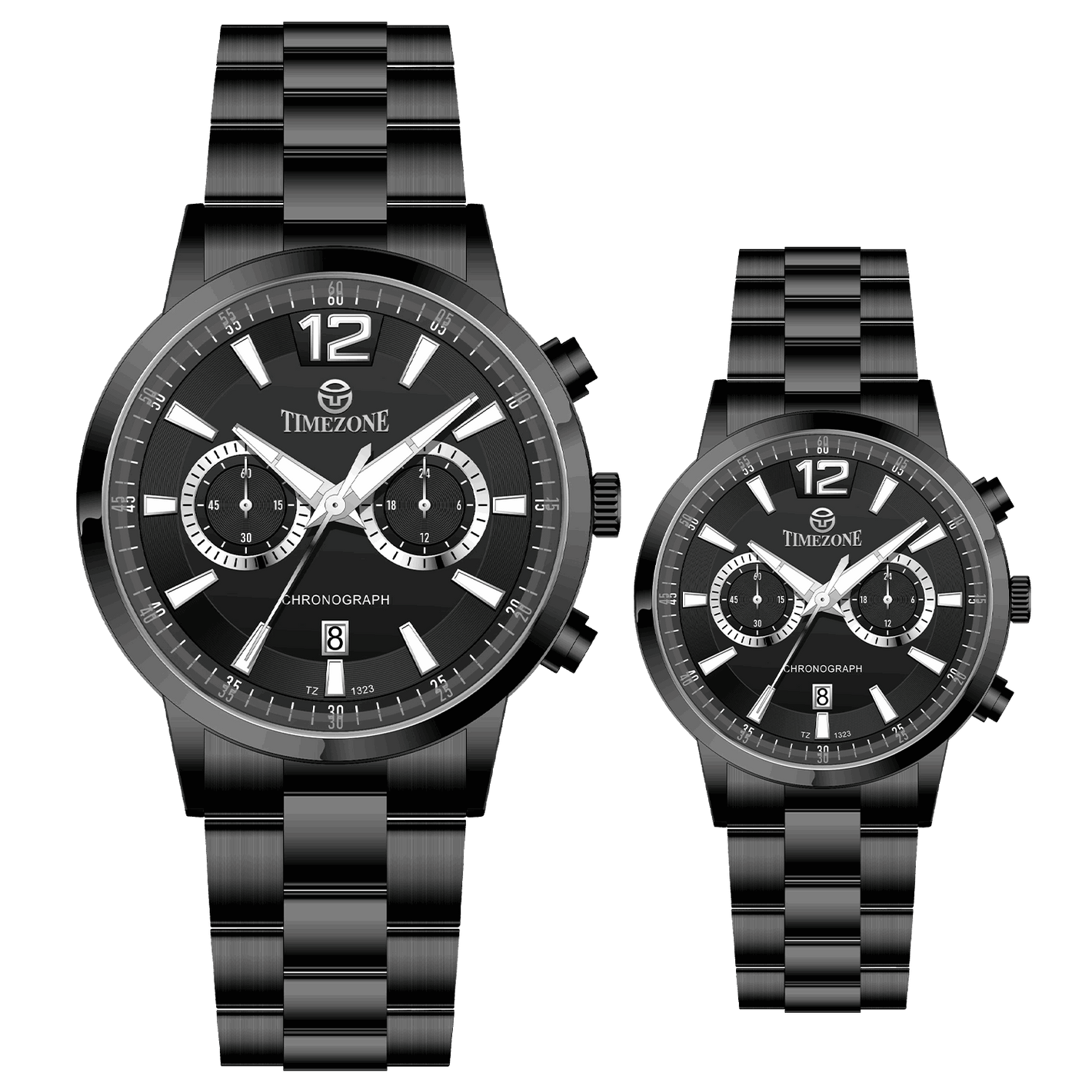 Branded wrist watch for men in pakistan. A pair of black Timzone watches with stainless steel bands and analog displays, one larger and one smaller in size.
