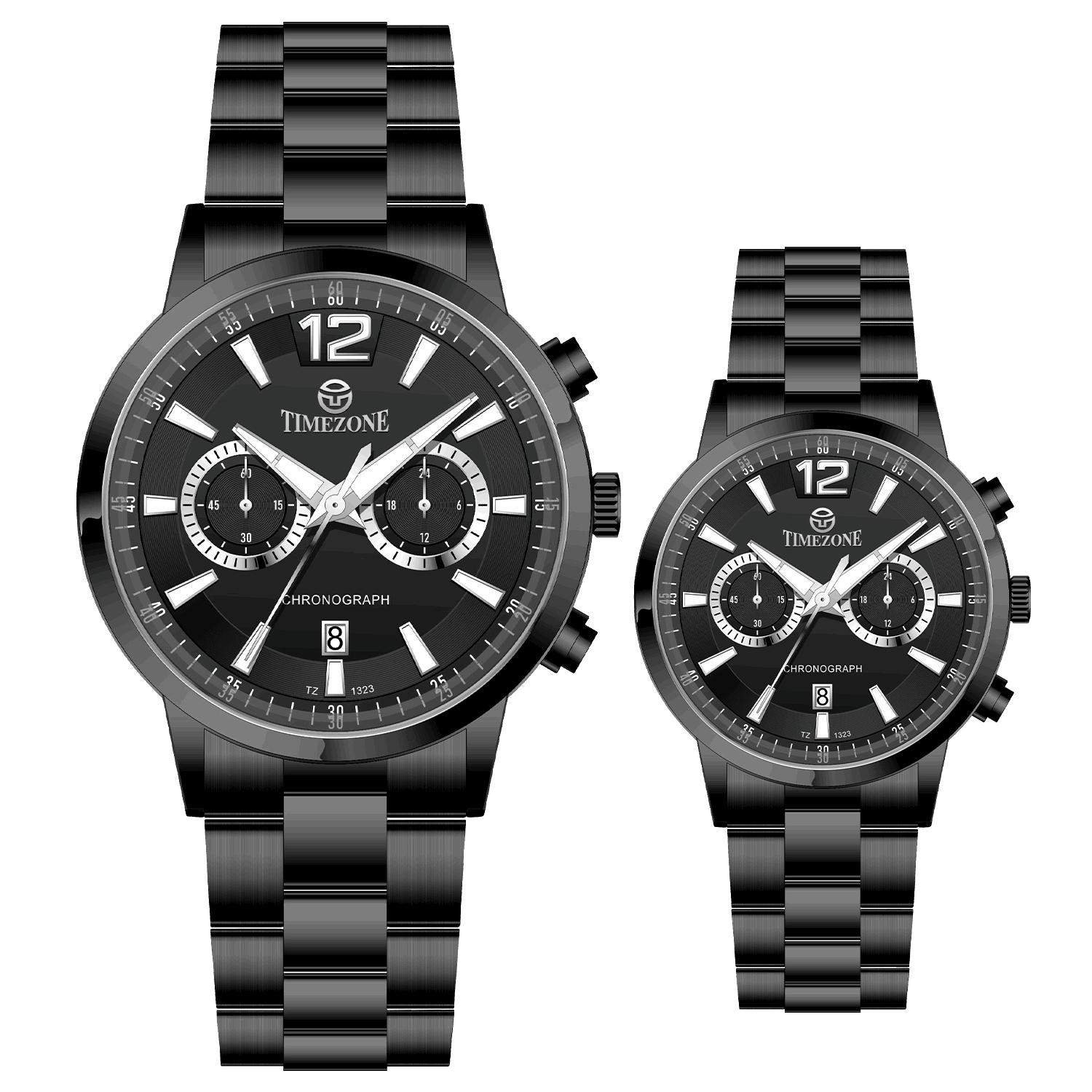 Branded wrist watch for men in pakistan. A pair of black Timzone watches with stainless steel bands and analog displays, one larger and one smaller in size.