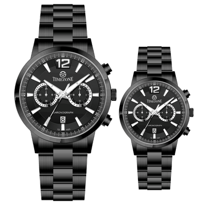 Branded wrist watch for men in pakistan. A pair of black Timzone watches with stainless steel bands and analog displays, one larger and one smaller in size.