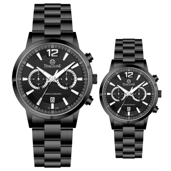 Branded wrist watch for men in pakistan. A pair of black Timzone watches with stainless steel bands and analog displays, one larger and one smaller in size.