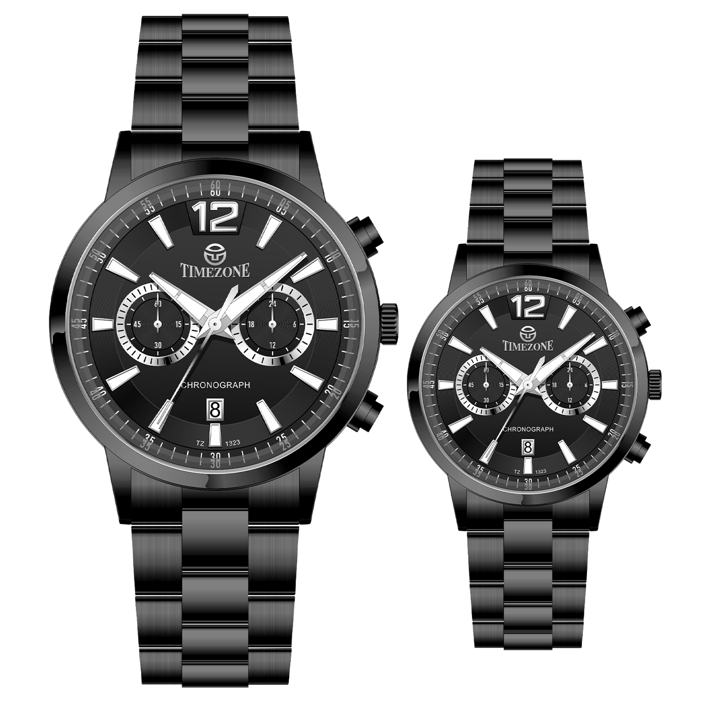 Branded wrist watch for men in pakistan. A pair of black Timzone watches with stainless steel bands and analog displays, one larger and one smaller in size.