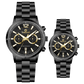Branded wrist watch for men in pakistan. A pair of black Timzone watches with stainless steel bands and analog displays, one larger and one smaller in size.