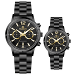 Branded wrist watch for men in pakistan. A pair of black Timzone watches with stainless steel bands and analog displays, one larger and one smaller in size.