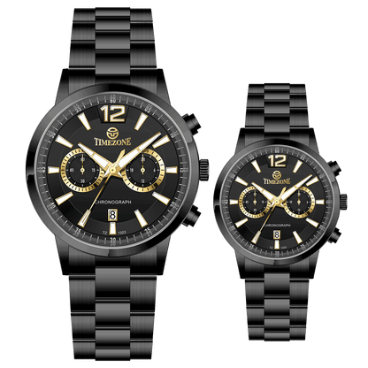 Branded wrist watch for men in pakistan. A pair of black Timzone watches with stainless steel bands and analog displays, one larger and one smaller in size.